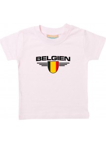 Baby Kinder-Shirt Belgien, Wappen mit Wunschnamen und Wunschnummer Land, Länder, rosa, 0-6 Monate