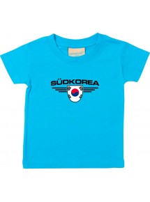 Baby Kinder-Shirt Südkorea, Wappen mit Wunschnamen und Wunschnummer Land, Länder, tuerkis, 0-6 Monate