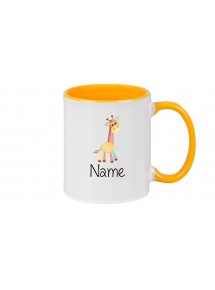 Kinder Tasse süße Motive Giraffe, mit Ihren Wunschnamen, gelb