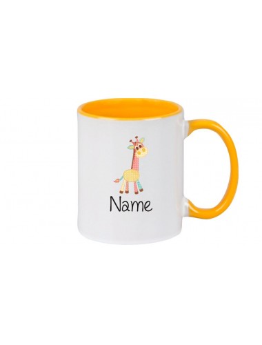 Kinder Tasse süße Motive Giraffe, mit Ihren Wunschnamen, gelb