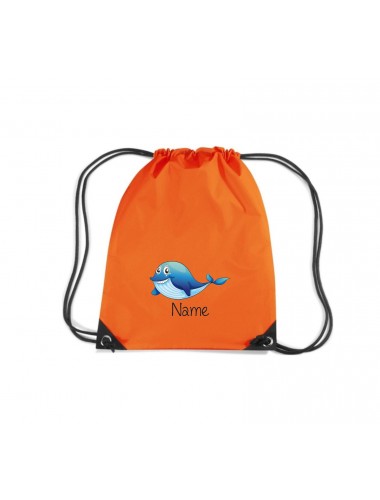 Turnbeutel Premium Gymsac mit tollem Motiv Delfin inkl Ihren Wunschnamen, orange
