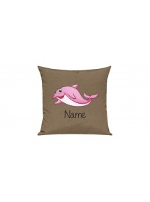 Sofa Kissen mit tollem Motiv Delfin inkl Ihrem Wunschnamen, Farbe hellbraun