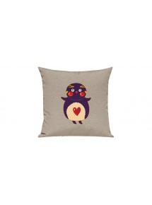 Sofa Kissen mit tollem Motiv Pinguin, Farbe sand