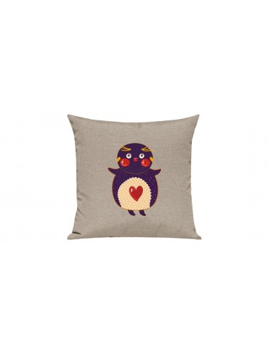 Sofa Kissen mit tollem Motiv Pinguin, Farbe sand