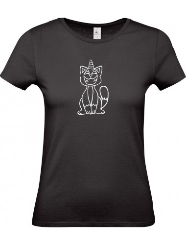 Lady T-Shirt lustige Tiere Einhornkatze, Einhorn, Katze, schwarz, L