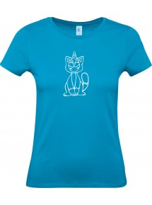 Lady T-Shirt lustige Tiere Einhornkatze, Einhorn, Katze, türkis, L