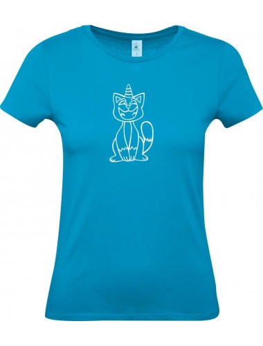Lady T-Shirt lustige Tiere Einhornkatze, Einhorn, Katze, türkis, L