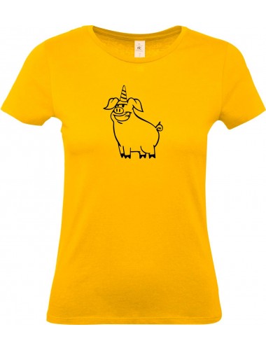 Lady T-Shirt lustige Tiere Einhornschwein, Einhorn, Schwein, Ferkel, gelb, L