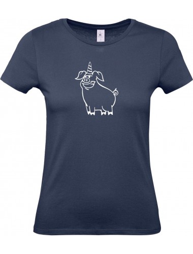 Lady T-Shirt lustige Tiere Einhornschwein, Einhorn, Schwein, Ferkel, navy, L
