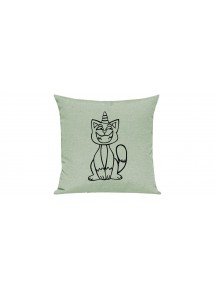 Sofa Kissen lustige Tiere Einhornkatze, Einhorn, Katze, pastellgruen