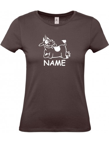 Lady T-Shirt lustige Tiere mit Wunschnamen Einhornkuh, Einhorn, Kuh , braun, L