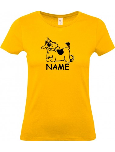 Lady T-Shirt lustige Tiere mit Wunschnamen Einhornkuh, Einhorn, Kuh , gelb, L