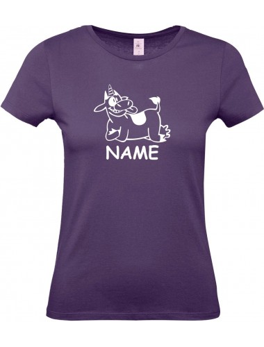 Lady T-Shirt lustige Tiere mit Wunschnamen Einhornkuh, Einhorn, Kuh , lila, L