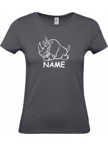 Lady T-Shirt lustige Tiere mit Wunschnamen Einhornnashorn, Einhorn, Nashorn, grau, L