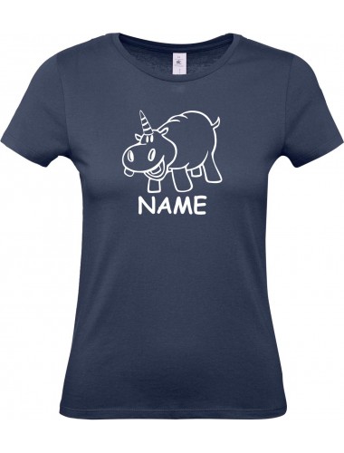 Lady T-Shirt lustige Tiere mit Wunschnamen Einhornnilpferd, Einhorn, Nilpferd, navy, L