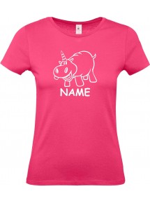 Lady T-Shirt lustige Tiere mit Wunschnamen Einhornnilpferd, Einhorn, Nilpferd, pink, L