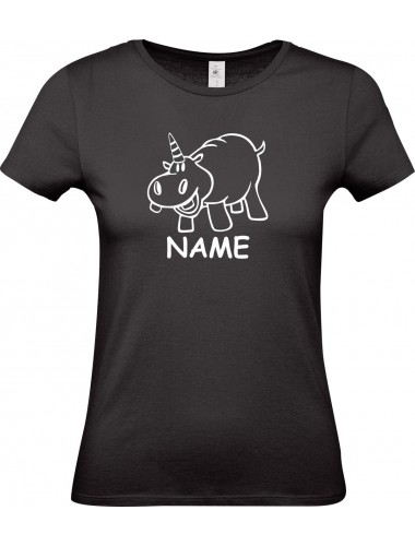 Lady T-Shirt lustige Tiere mit Wunschnamen Einhornnilpferd, Einhorn, Nilpferd, schwarz, L
