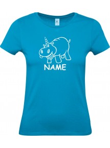 Lady T-Shirt lustige Tiere mit Wunschnamen Einhornnilpferd, Einhorn, Nilpferd, türkis, L