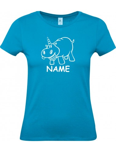 Lady T-Shirt lustige Tiere mit Wunschnamen Einhornnilpferd, Einhorn, Nilpferd, türkis, L