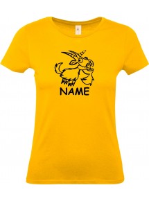 Lady T-Shirt lustige Tiere mit Wunschnamen Einhornziege, Einhorn, Ziege, gelb, L