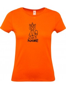 Lady T-Shirt lustige Tiere mit Wunschnamen Einhornkatze, Einhorn, Katze, orange, L
