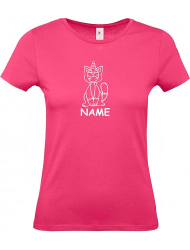 Lady T-Shirt lustige Tiere mit Wunschnamen Einhornkatze, Einhorn, Katze, pink, L