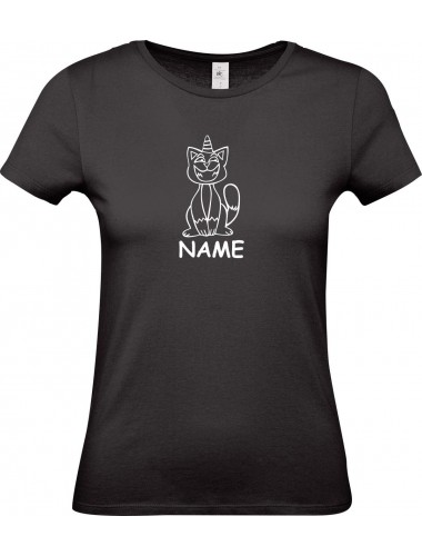 Lady T-Shirt lustige Tiere mit Wunschnamen Einhornkatze, Einhorn, Katze, schwarz, L