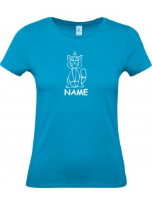 Lady T-Shirt lustige Tiere mit Wunschnamen Einhornkatze, Einhorn, Katze, türkis, L