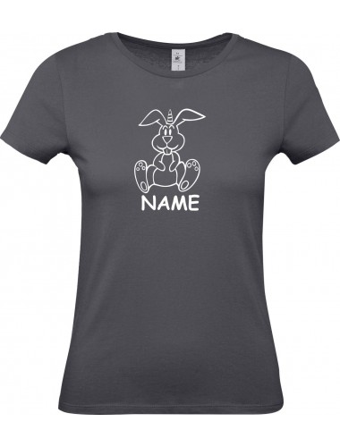 Lady T-Shirt lustige Tiere mit Wunschnamen Einhornhase, Einhorn, Hase, grau, L