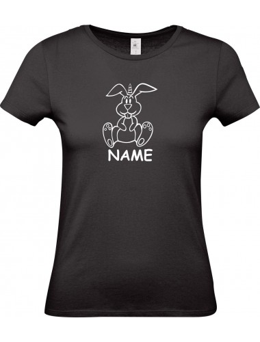 Lady T-Shirt lustige Tiere mit Wunschnamen Einhornhase, Einhorn, Hase, schwarz, L