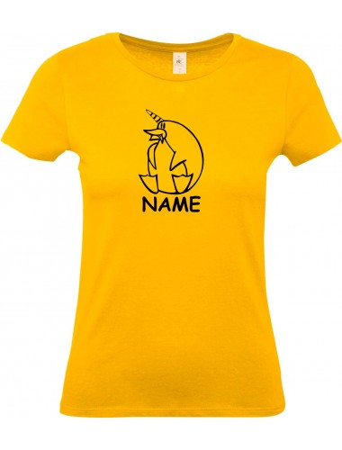 Lady T-Shirt lustige Tiere mit Wunschnamen Einhornpinguin, Einhorn, Pinguin gelb, L