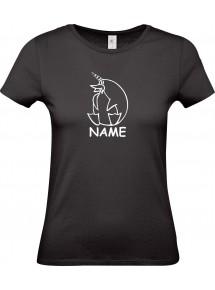 Lady T-Shirt lustige Tiere mit Wunschnamen Einhornpinguin, Einhorn, Pinguin schwarz, L