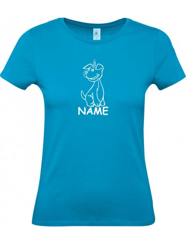 Lady T-Shirt lustige Tiere mit Wunschnamen Einhornhund, Einhorn, Hund, türkis, L