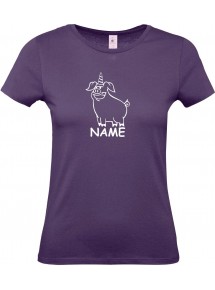 Lady T-Shirt lustige Tiere mit Wunschnamen Einhornschwein, Einhorn, Schwein, Ferkel, lila, L