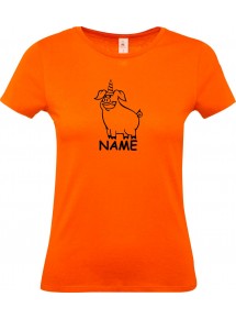 Lady T-Shirt lustige Tiere mit Wunschnamen Einhornschwein, Einhorn, Schwein, Ferkel, orange, L