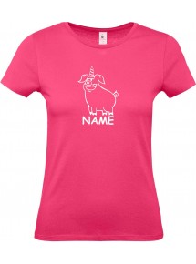 Lady T-Shirt lustige Tiere mit Wunschnamen Einhornschwein, Einhorn, Schwein, Ferkel, pink, L