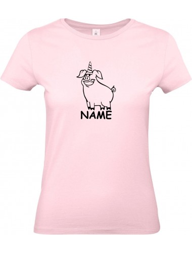 Lady T-Shirt lustige Tiere mit Wunschnamen Einhornschwein, Einhorn, Schwein, Ferkel, rosa, L