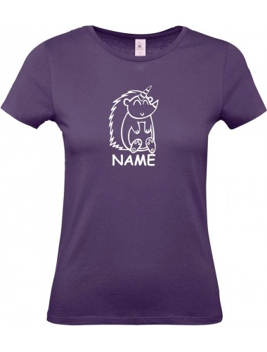 Lady T-Shirt lustige Tiere mit Wunschnamen Einhornigel, Einhorn, Igel, lila, L