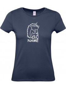 Lady T-Shirt lustige Tiere mit Wunschnamen Einhornigel, Einhorn, Igel, navy, L