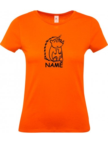 Lady T-Shirt lustige Tiere mit Wunschnamen Einhornigel, Einhorn, Igel, orange, L