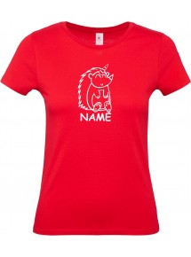 Lady T-Shirt lustige Tiere mit Wunschnamen Einhornigel, Einhorn, Igel, rot, L