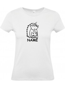 Lady T-Shirt lustige Tiere mit Wunschnamen Einhornigel, Einhorn, Igel, weiss, L