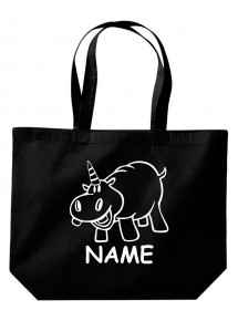 große Einkaufstasche lustige Tiere mit Wunschnamen Einhornnilpferd, Einhorn, Nilpferd, schwarz