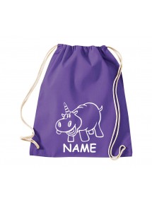 Turnbeutel lustige Tiere mit Wunschnamen Einhornnilpferd, Einhorn, Nilpferd, purple