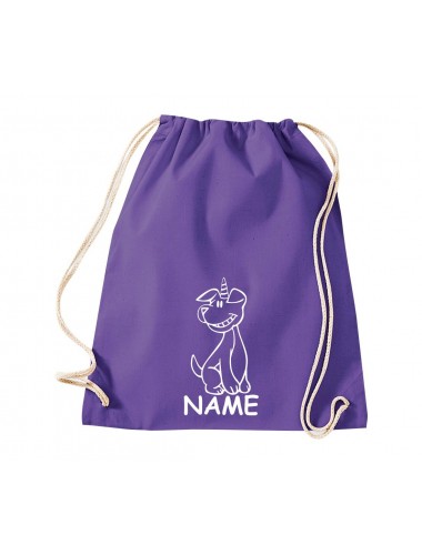 Turnbeutel lustige Tiere mit Wunschnamen Einhornhund, Einhorn, Hund, purple