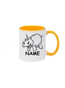 Kaffeepott lustige Tiere mit Wunschnamen Einhornnilpferd, Einhorn, Nilpferd, gelb