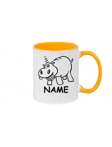 Kaffeepott lustige Tiere mit Wunschnamen Einhornnilpferd, Einhorn, Nilpferd, gelb