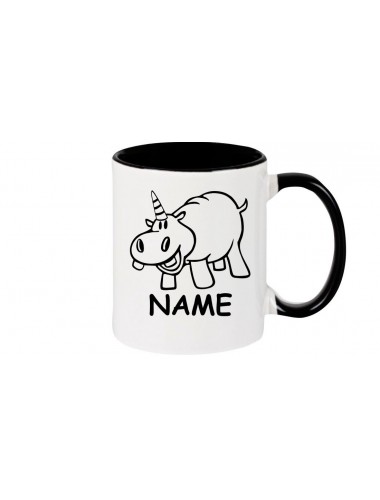 Kaffeepott lustige Tiere mit Wunschnamen Einhornnilpferd, Einhorn, Nilpferd, schwarz