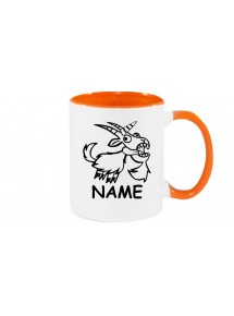 Kaffeepott lustige Tiere mit Wunschnamen Einhornziege, Einhorn, Ziege, orange