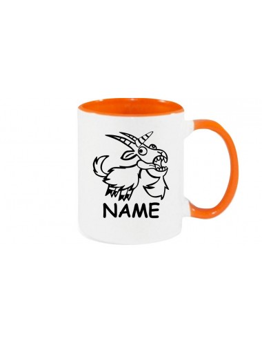 Kaffeepott lustige Tiere mit Wunschnamen Einhornziege, Einhorn, Ziege, orange